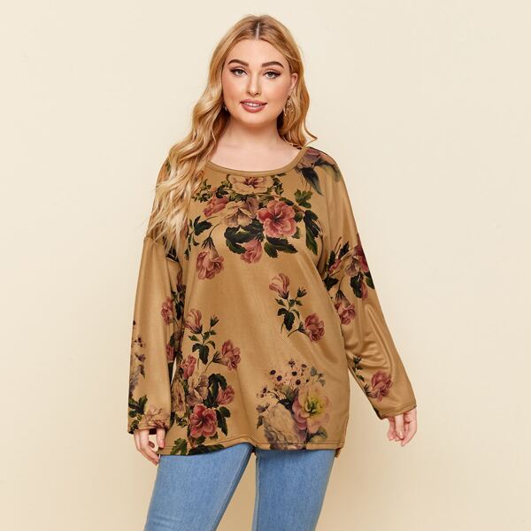 

Plus Floral Print Drop Shoulder Tee, Mustard yellow
