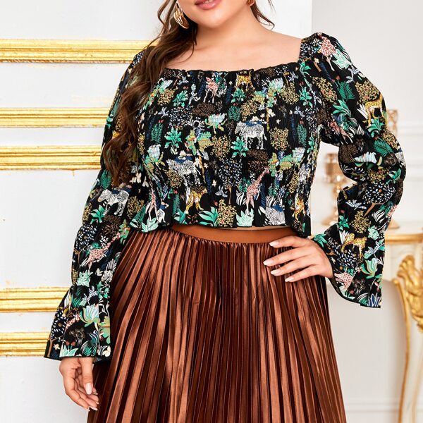 

Plus Tropical And Animal Print Shirred Blouse, Multicolor
