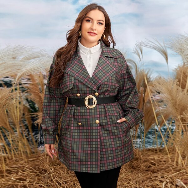 

Plus Plaid Double Breasted Pocket Blazer Without Belt, Multicolor