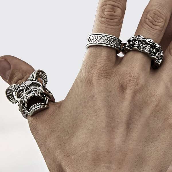 

3pcs Men Skull Decor Ring, Black