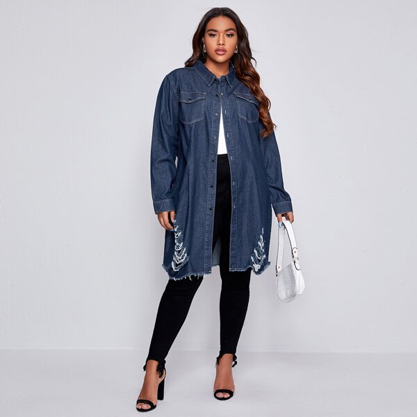

Plus Dark Wash Ripped Hem Denim Coat