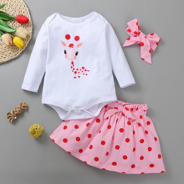 

Baby Girl Cartoon Graphic Bodysuit & Polka Dot Skirt & Headband, Multicolor