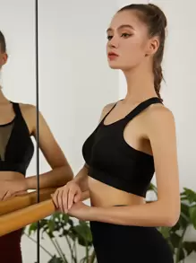 Easithlete 拼接網紗十字交叉運動胸罩 - 黑色 - 查看 5