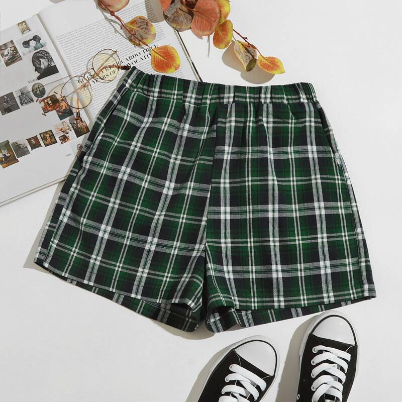 

Plaid Elastic Waist Shorts, Green