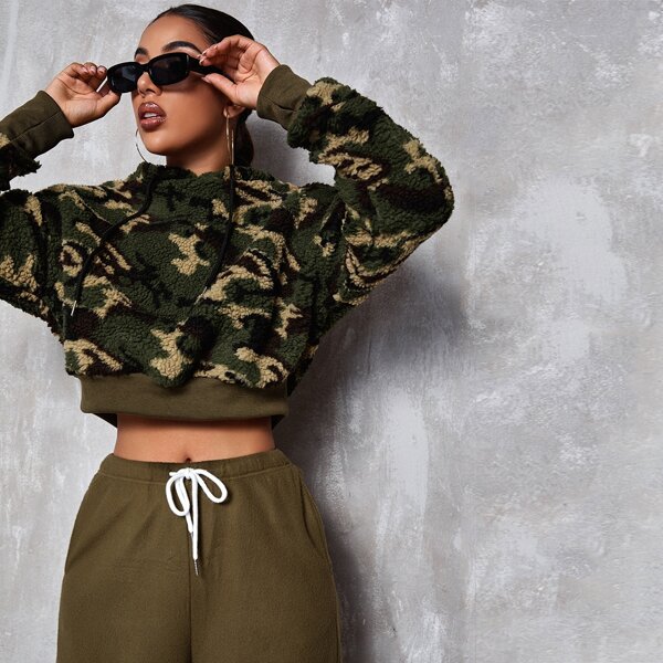 

Camo Drawstring Teddy Hoodie, Multicolor