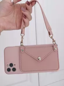 Faux Leather Phone Case With Card Holder - Pink - View 2