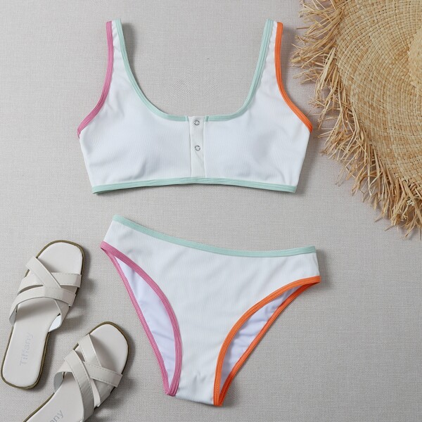 

Rib Contrast Binding Bikini Swimsuit, White
