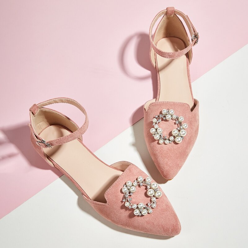 

Faux Pearl & Rhinestone Decor Ankle Strap Flats, Pink