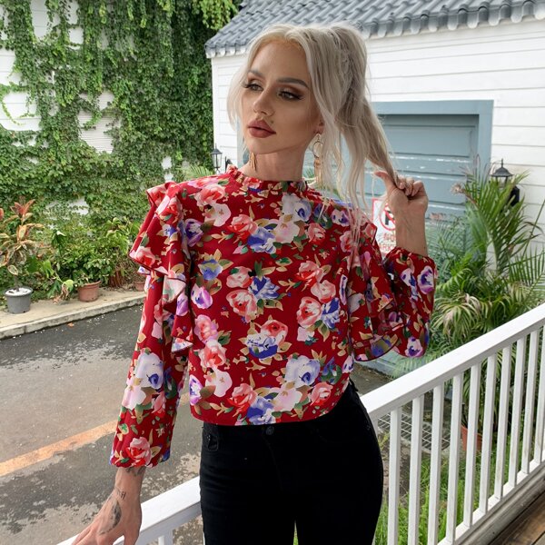 

Ruffle Trim Floral Print Top, Multicolor