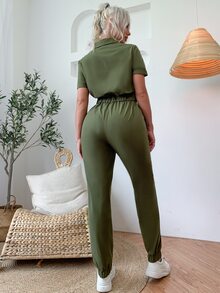 Eilly Bazar 拉鏈繫腰帶襯衫連身長褲 - 軍綠色 - 查看 2