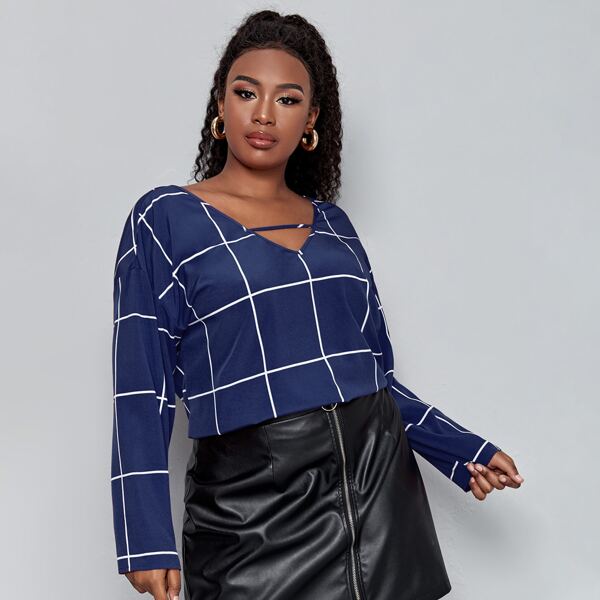 

Plus Plaid Keyhole Neckline Top, Blue and white