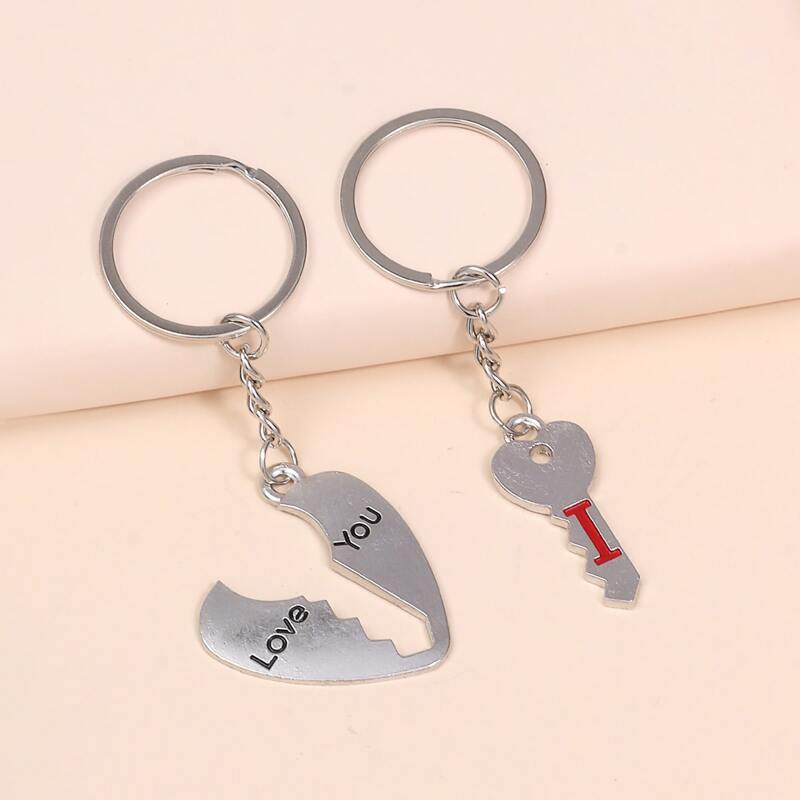 

2pcs Heart Key Charm Keychain, Silver