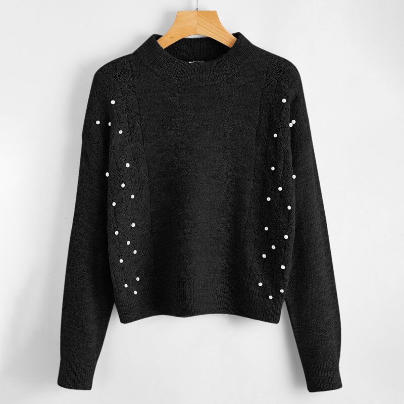 

Drop Shoulder Pearls Beaded Sweater, Black