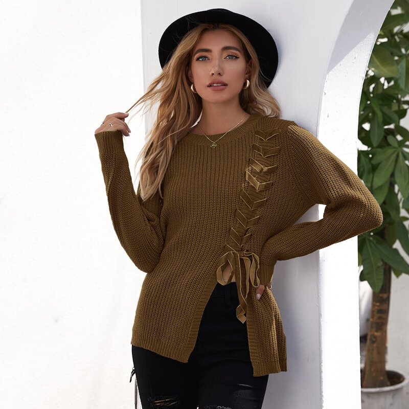 

Lace Up Knot Slit Hem Sweater, Coffee brown