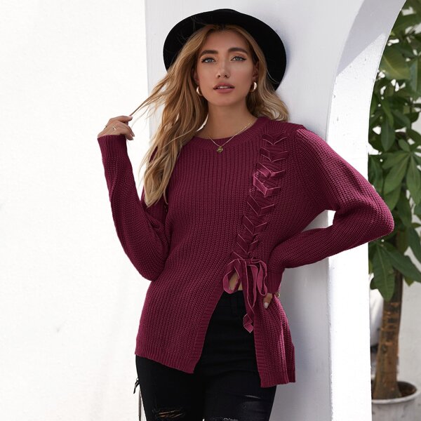 

Lace Up Knot Slit Hem Sweater, Maroon