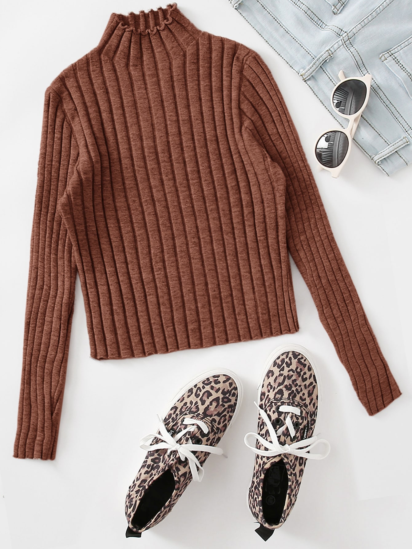 Mock Neck Lettuce Trim Rib-knit Sweater thumbnail