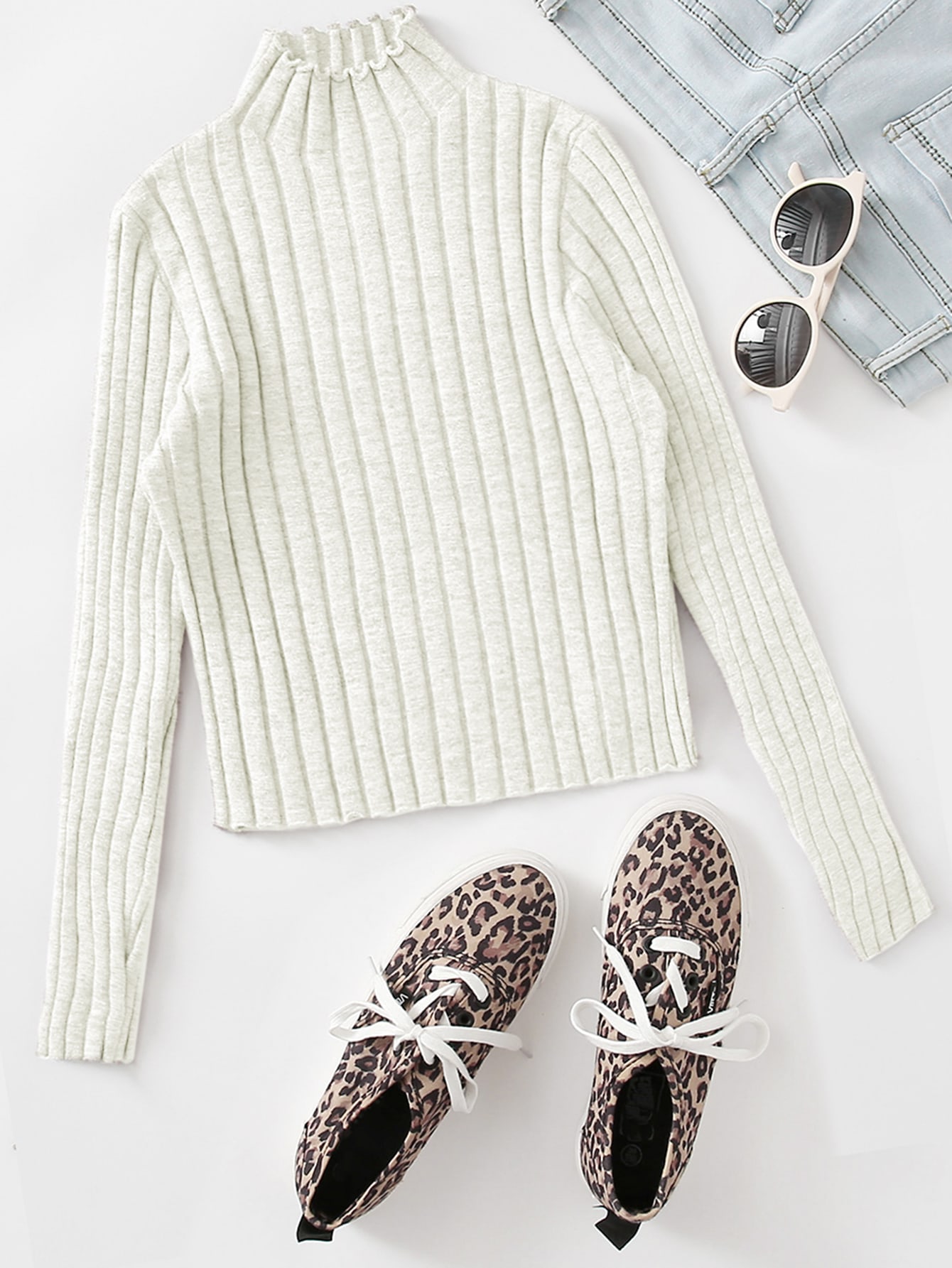 Mock Neck Lettuce Trim Rib-knit Sweater thumbnail