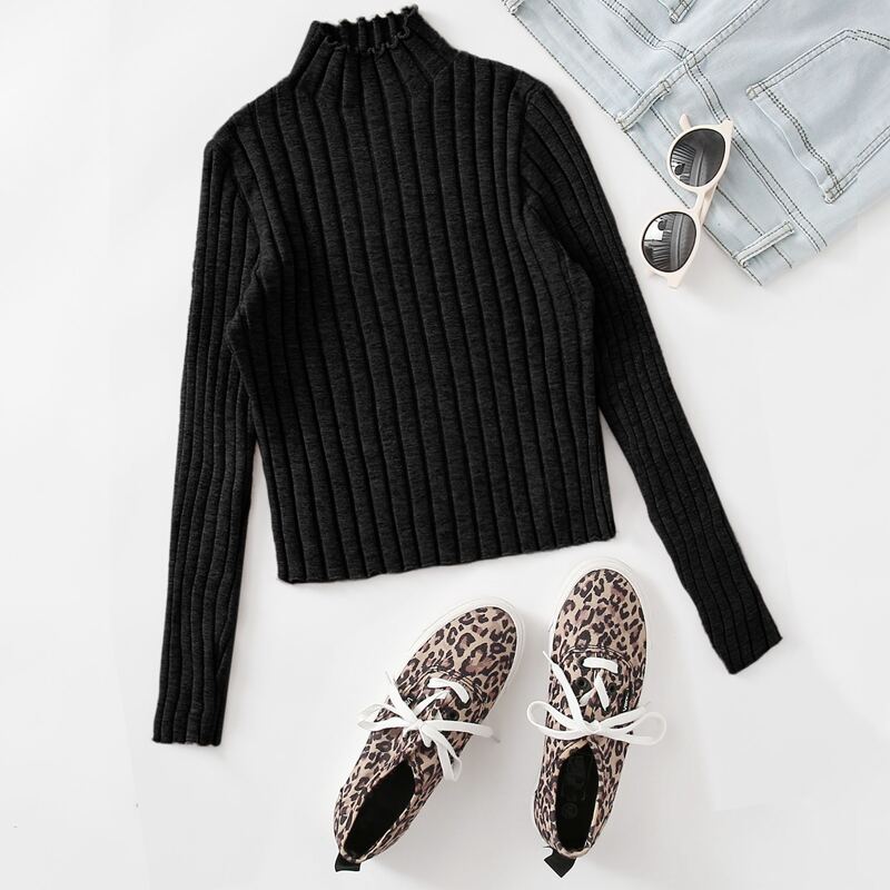 

Mock Neck Lettuce Trim Rib-knit Sweater, Black