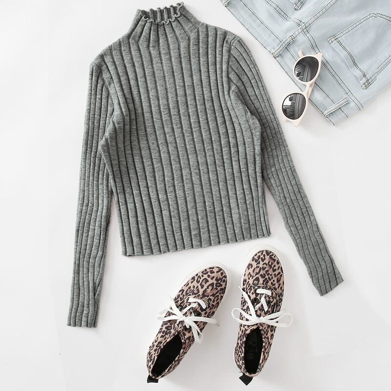 

Mock Neck Lettuce Trim Rib-knit Sweater, Grey
