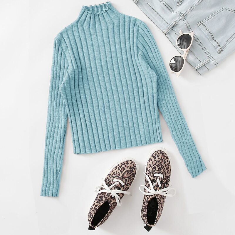 

Mock Neck Lettuce Trim Rib-knit Sweater, Baby blue