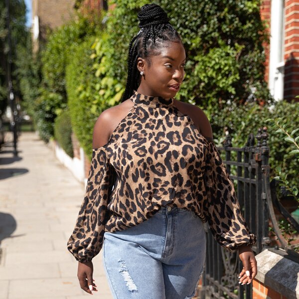 

Plus Leopard Print Cold Shoulder Blouse, Multicolor