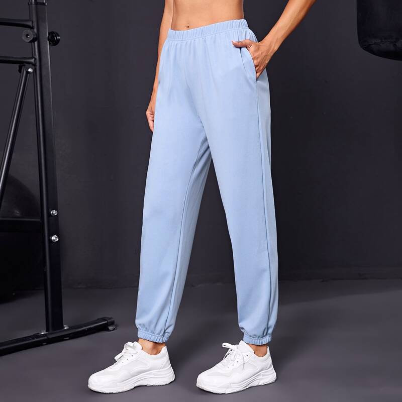 

Solid Slant Pocket Sports Pants, Baby blue