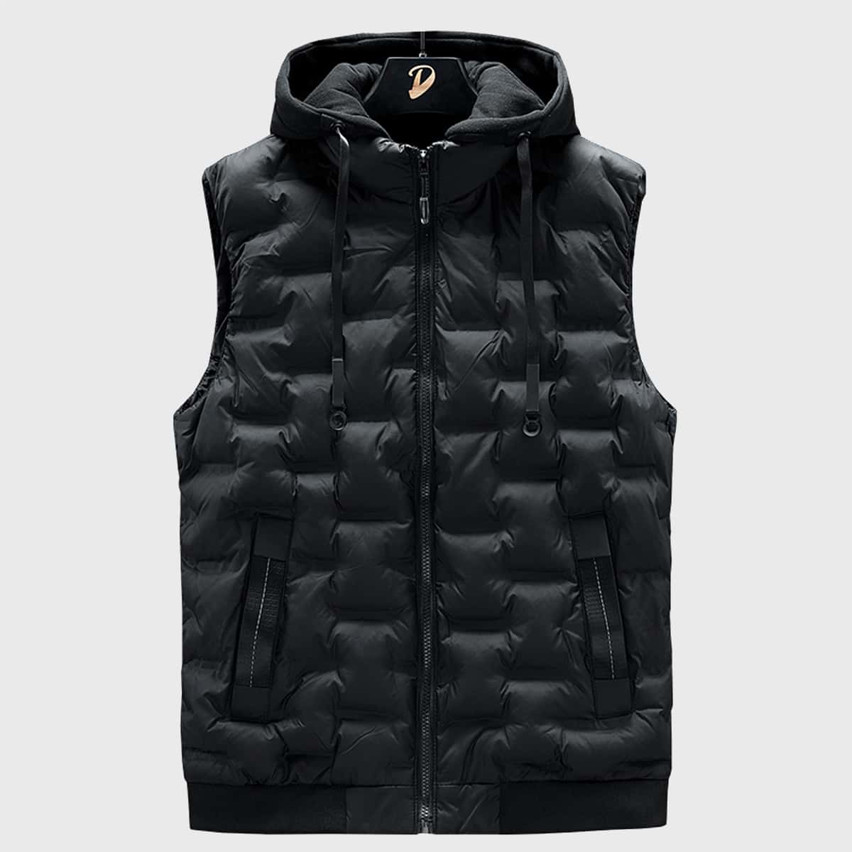 Guys Zip Up Drawstring Hooded Padded Vest, Black
