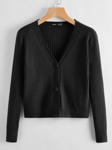 Button Front Rib-knit Cardigan - Black - View 1