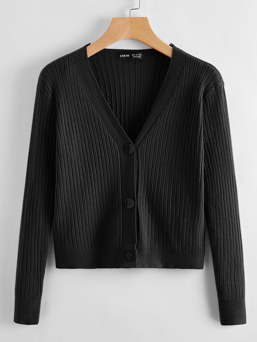 Button Front Rib-knit Cardigan - Black - View 1
