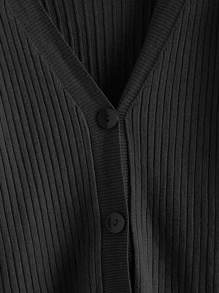 Button Front Rib-knit Cardigan - Black - View 4