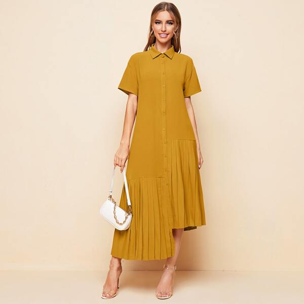 

Button Front Asymmetrical Hem Pleated Dress, Mustard yellow