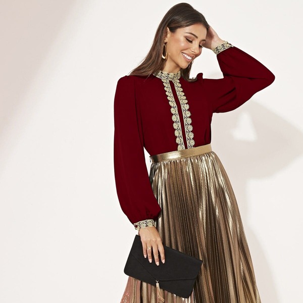 

Bishop Sleeve Lace Trim Top, Burgundy