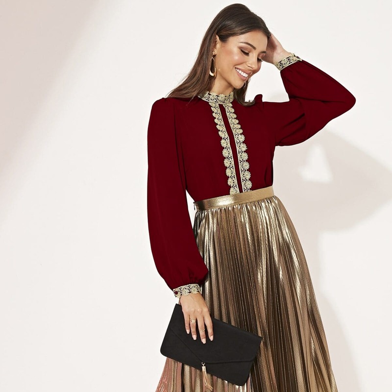 

Bishop Sleeve Lace Trim Top, Burgundy