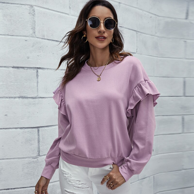 Ruffle Trim Solid Sweatshirt, Lilac purple
