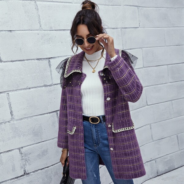 

Plaid Print Single Breasted Contrast Mesh Peter Pan Collar Cardigan, Purple