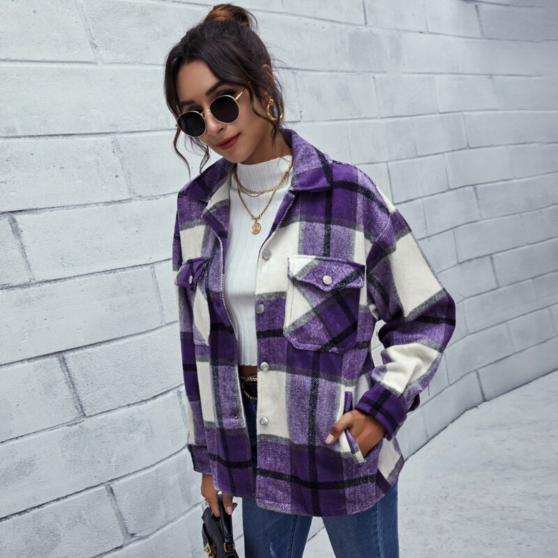 

Plaid Flap Pocket Drop Shoulder Overcoat, Multicolor