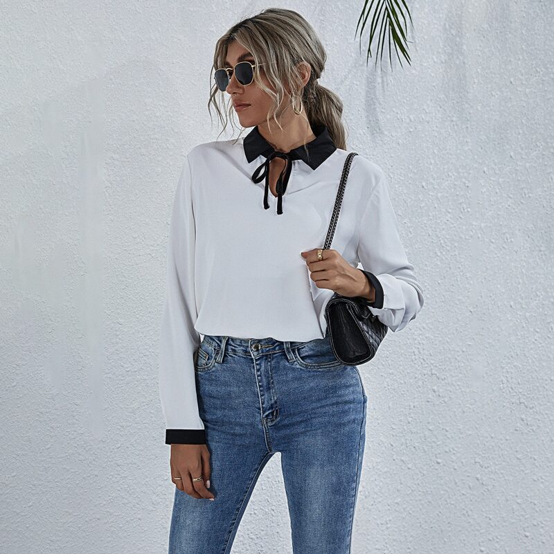 

Tie Neck Colorblock Top, White