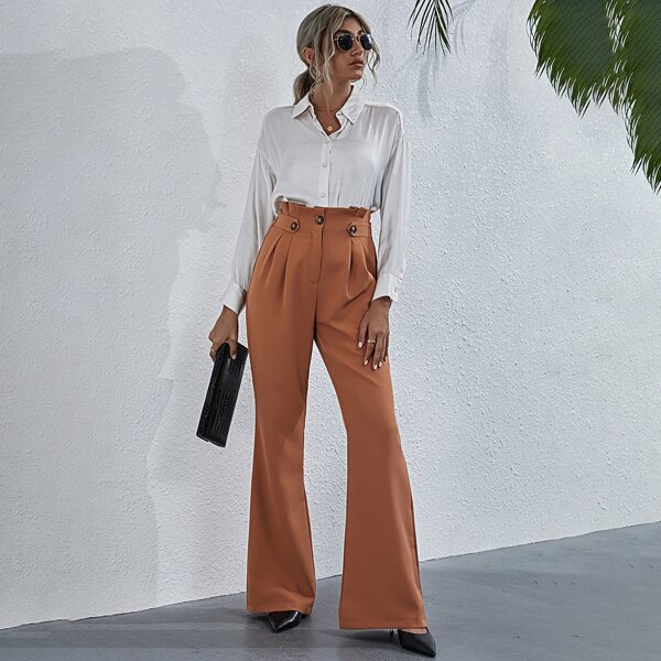 

Paperbag Waist Fold Pleat Flare Leg Pants, Rust brown