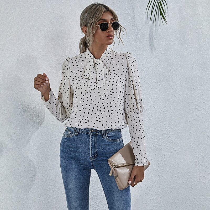 

Tie Neck Gigot Sleeve Polka Dot Top, Black and white