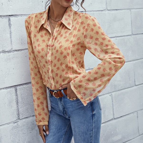 

Allover Floral Button Up Blouse, Apricot
