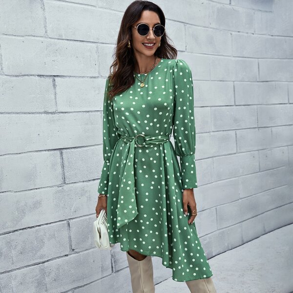 

Polka Dot Puff Sleeve Belted Asymmetrical Hem Dress, Green