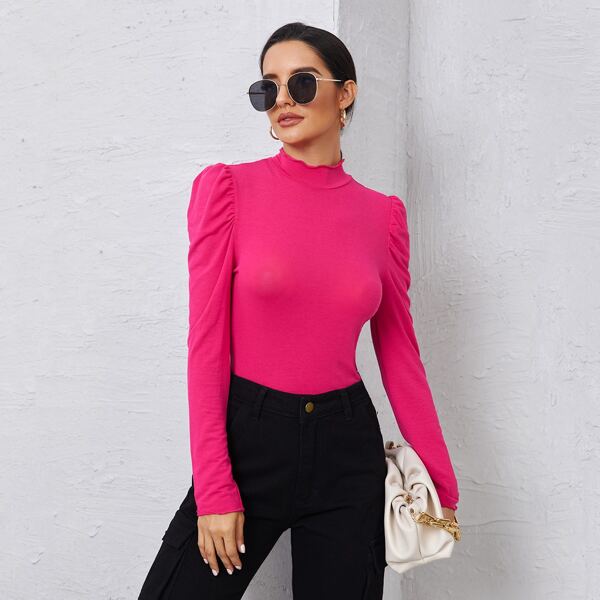 

Mock Neck Puff Sleeve Tee, Hot pink