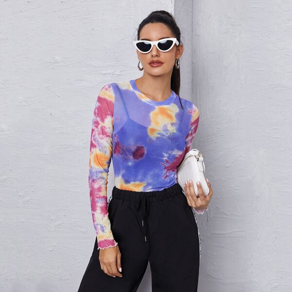 

Tie Dye Lettuce Trim Sheer Top, Multicolor