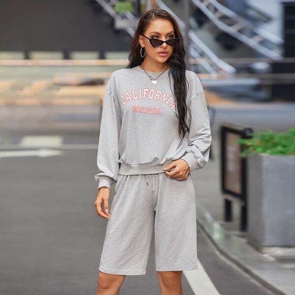 

Letter Graphic Drop Shoulder Sweatshirt With Drawstring Waist Shorts, Light grey