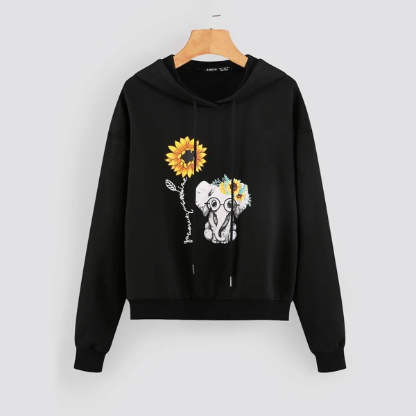 

Elephant & Sunflower Print Drawstring Hoodie, Black