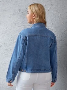 Áo Jacket Denim Plus Size Nút màu trơn Giải trí - Rửa trung bình - Xem 2