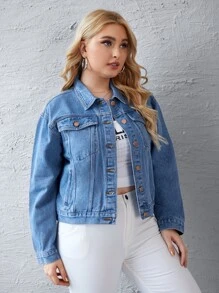 Áo Jacket Denim Plus Size Nút màu trơn Giải trí - Rửa trung bình - Xem 4
