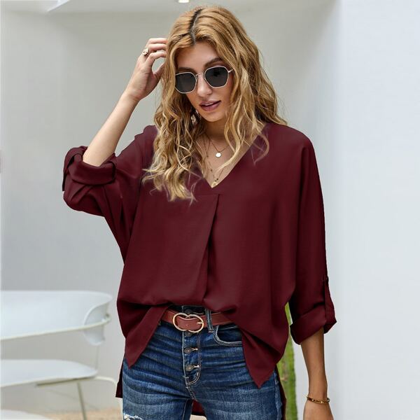 

V-neck Roll Up Sleeve Dip Hem Blouse, Maroon