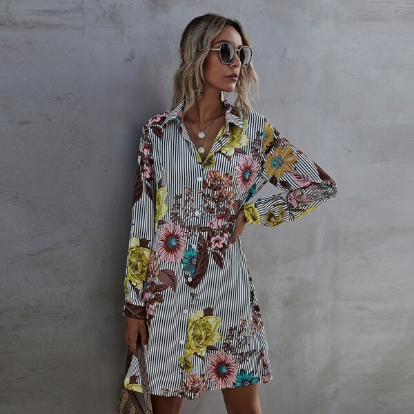 

Striped And Floral Print Chiffon Shirt Dress Without Belt, Multicolor