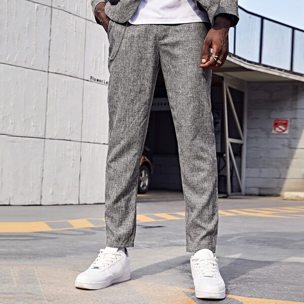 

Men Linen Look Tailored Pants With Chain, Grey